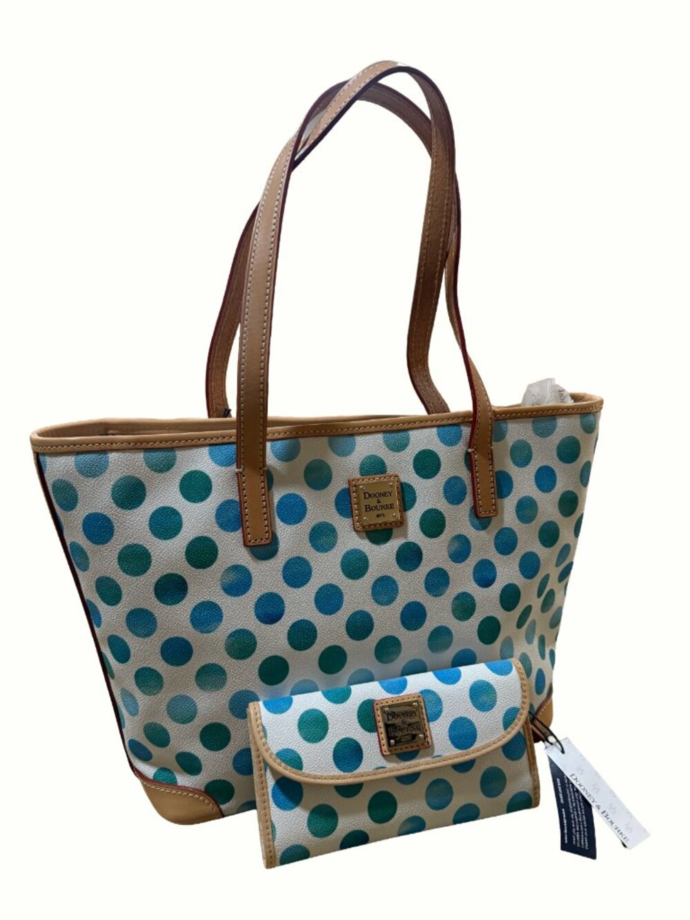 NWT Dooney & Bourke Polka Dot Charleston Shopper & Wallet Set Sea Foam Blue